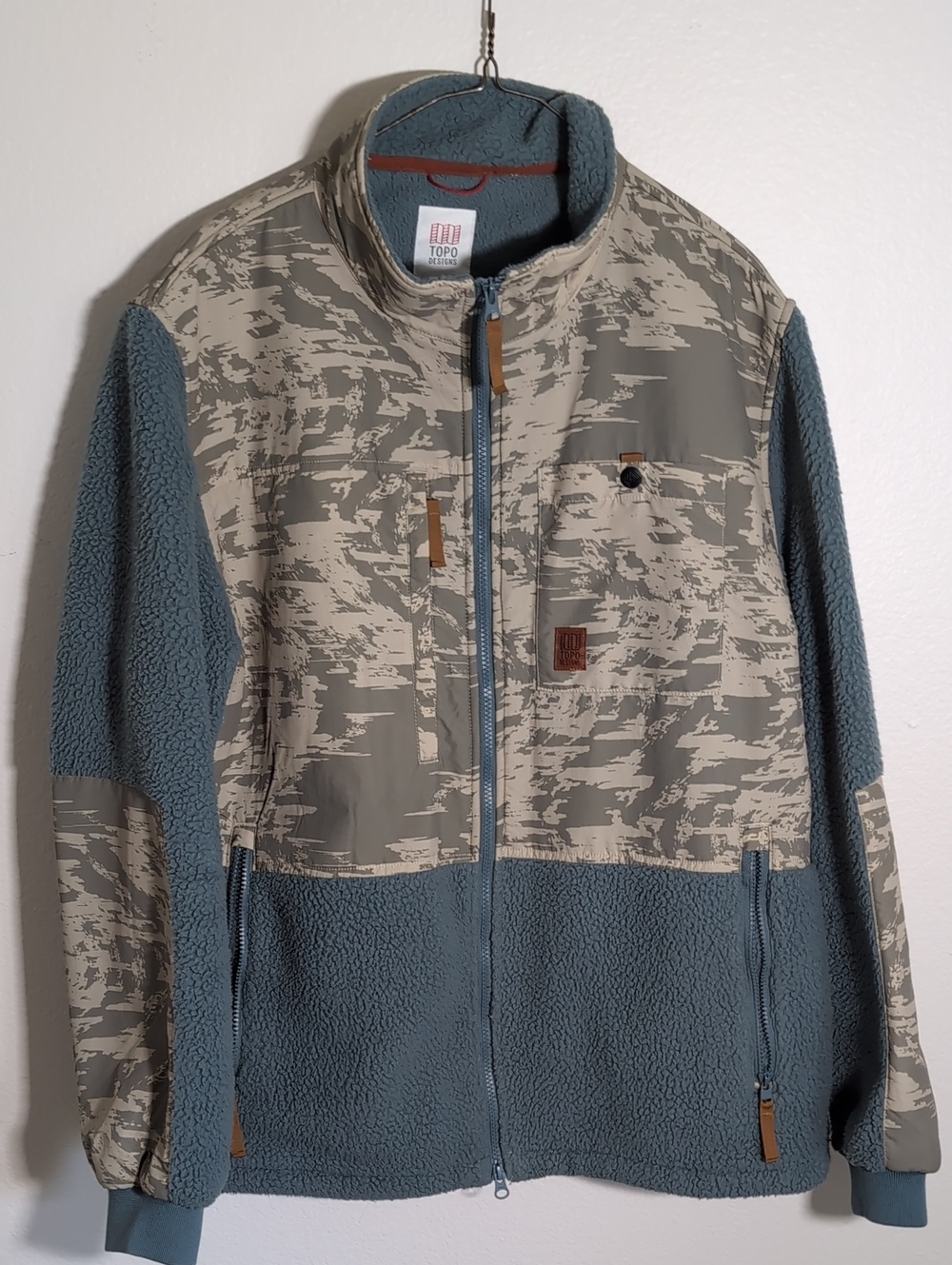 Topo Designs Blue and Beige Patterned Sherpa Jacket